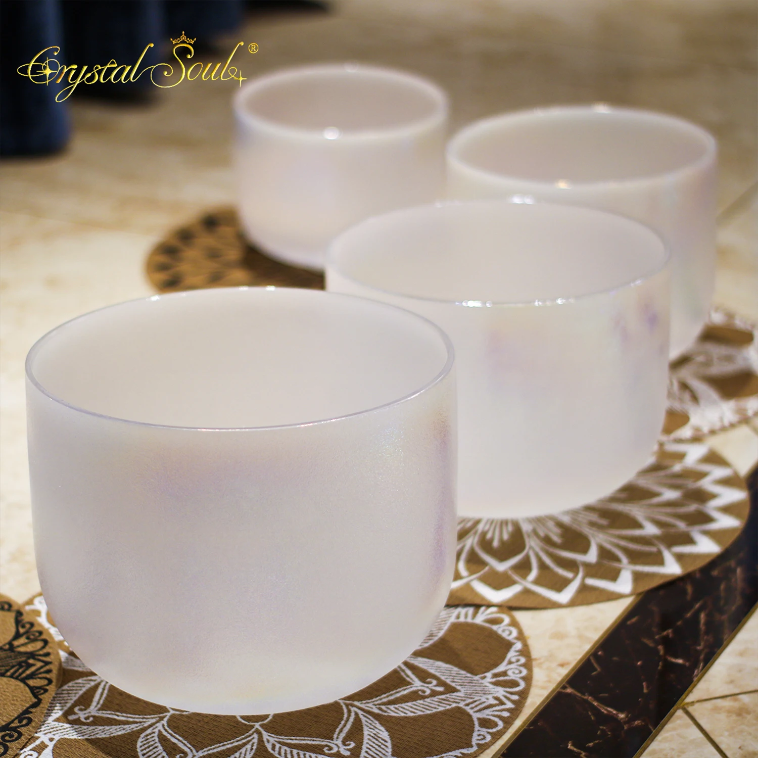 Crystal Soul Exclusive Design Harmony Moonstone Alchemy Frosted Crystal Singing Bowl Set 5-piece set