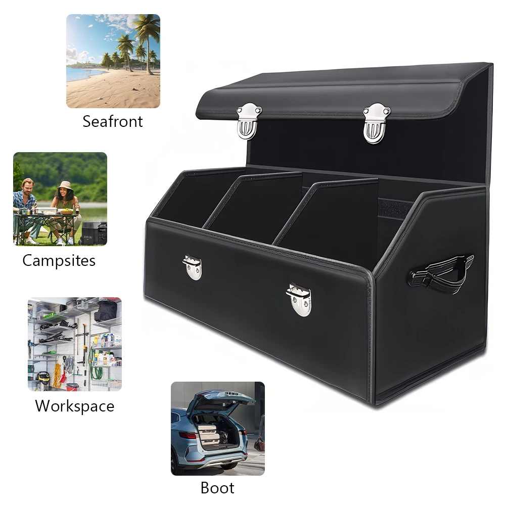 

Car Trunk Storage Box PU Leather Foldable Trunk Multi-Compartment Auto Grocery Storage Box Large Capacity Auto Organizer Box