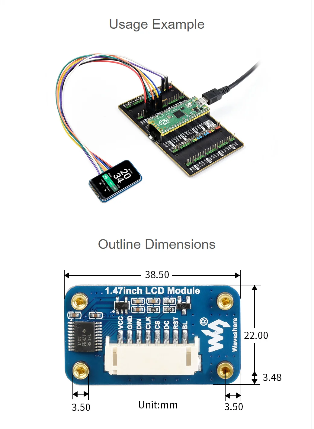 1.47 بوصة وحدة عرض إل سي دي لتوت العليق بي اردوينو STM32 زوايا مدورة 172 × 320 دقة واجهة SPI