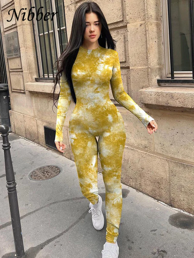 Kombinezon damski Nibber z prążkowanym wzorem tie-dye, jesienny, z jaskrawym nadrukiem, sportowy, z okrągłym dekoltem, długim rękawem, modny, na co dzień, obcisły, casualowy, trendy, streetwear