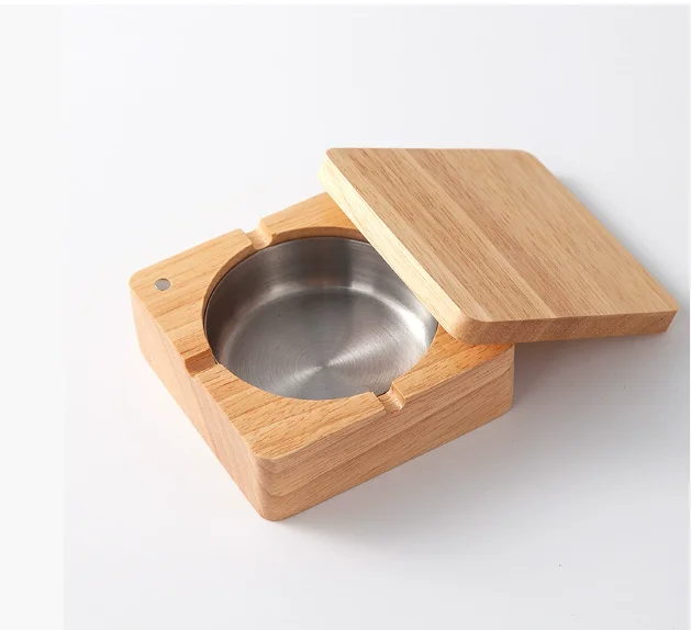 

Solid wood ashtray with lid anti-fly ash living room home office square coffee table antique ash tank walnut stainless steel