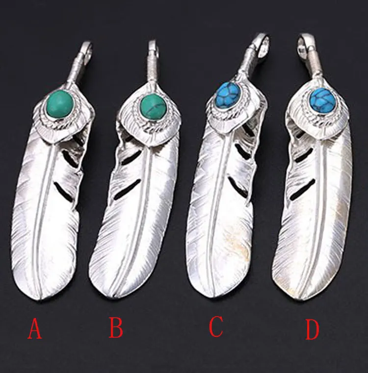 S925 Sterling Silver Jewelry Fashion High Bridge Necklace Turquoise Plain Silver Feather Men's and Women's Pendant Sweater Chain