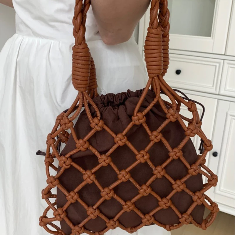 Handmade Weaves Handbags For Women Designer Luxury Retro Hollow Out Crochet Rope Woven Fishnet Bags Beach Mesh Tote Purses Small