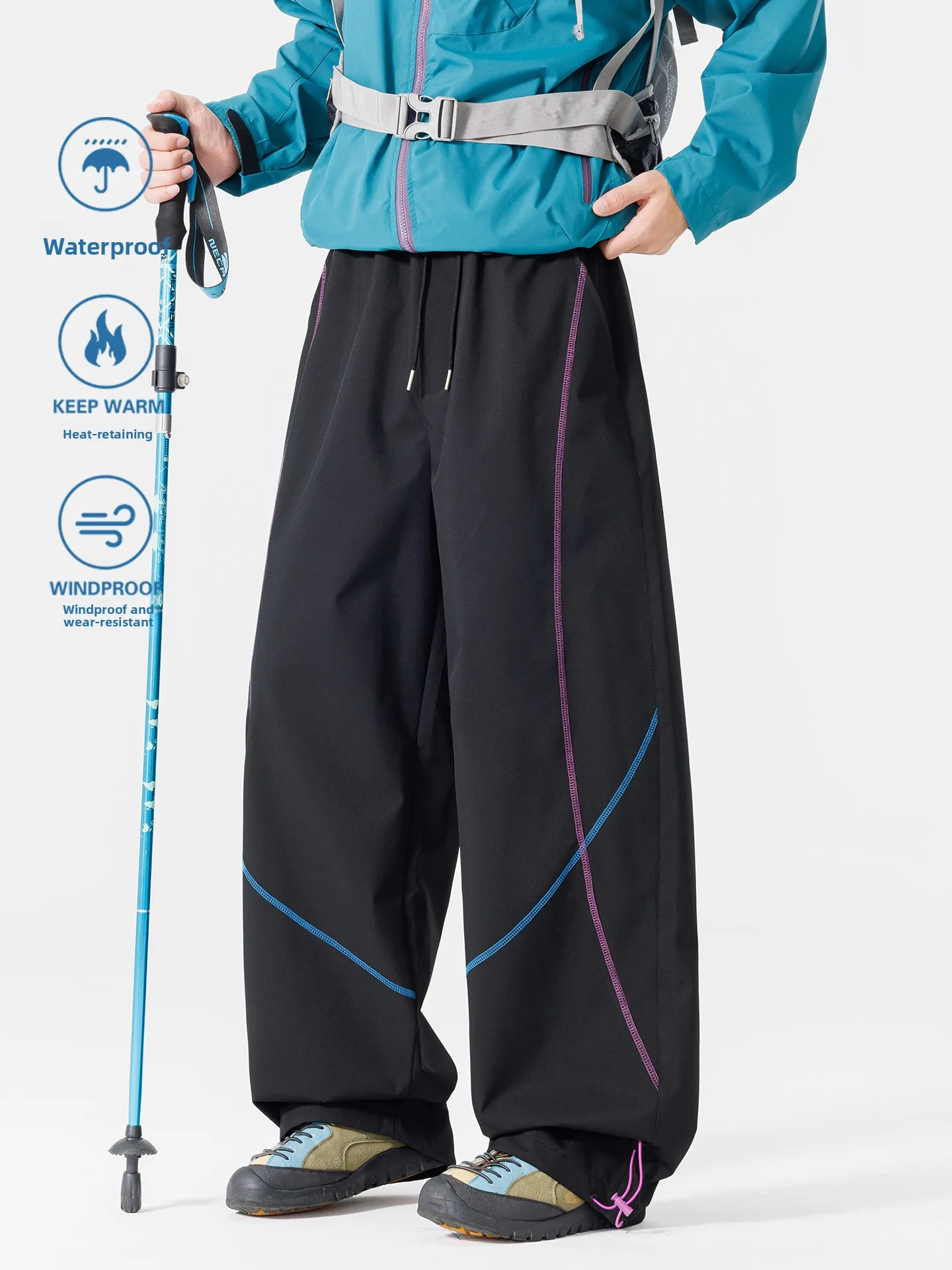 Men's Three-in-One Detachable Inner  Hiking Windproof Waterproof Sports Climbing Pants Soft  Jacket Casual Trousers