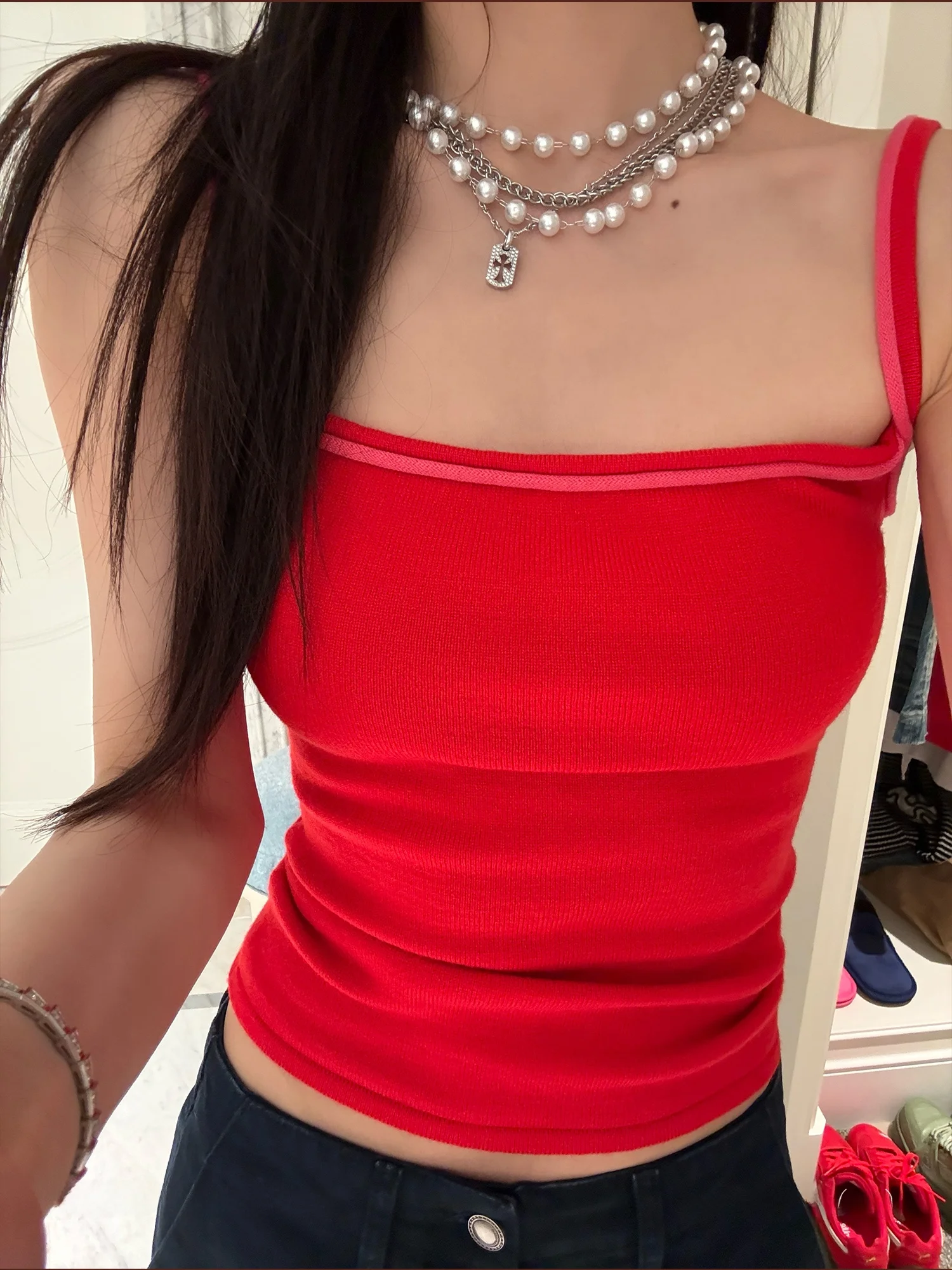 

Red Knitted ter Top Women's Spring 2026 Sexy Versatile Color Blo ort Slim Fit Top Commute Sle Single Piece Outerwear