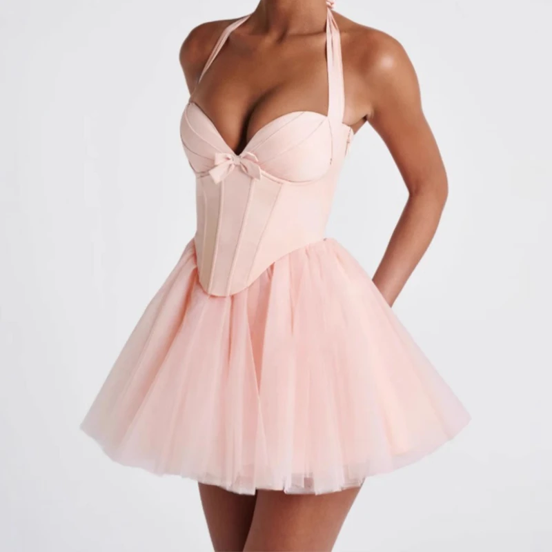 

Sweet Fishbone Halter Neck Strappy Dress for Women 2025 Summer New Style Personalized Lace Patchwork Waist Tutu Skirt