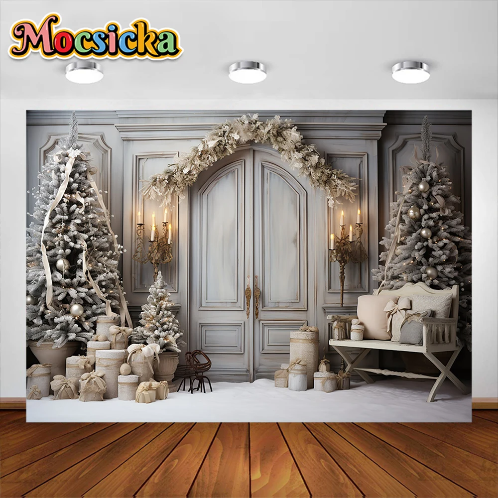 

Mocsicka Christmas Party Decoration Wooden Door Christmas Tree Cabinet Family Kids Adult Portrait Photography Studio Prop Banner