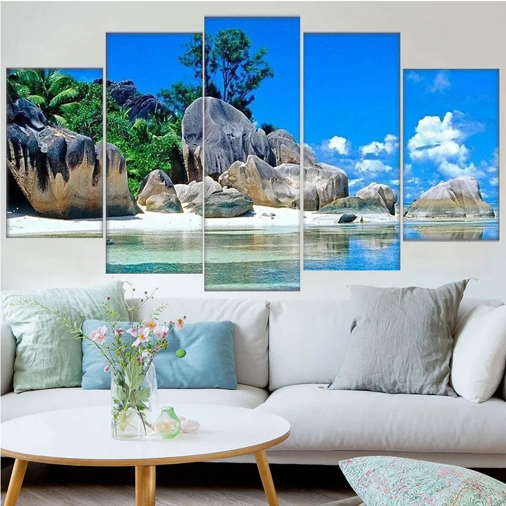 Beach Desert Island Wall Art, DIY Diamond Painting, Landscape, Modern Living Room, Home Decor, Mosaic Full Rhinestones, 5 Pieces