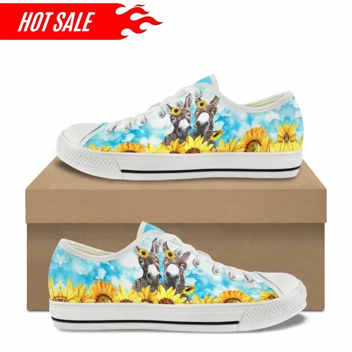 Farm Donkey Sunflower Pattern Print Custom Made Women's Casual Flat Shoes Classic Canvas Shoes Outdoor Sports Low Top Sneakers