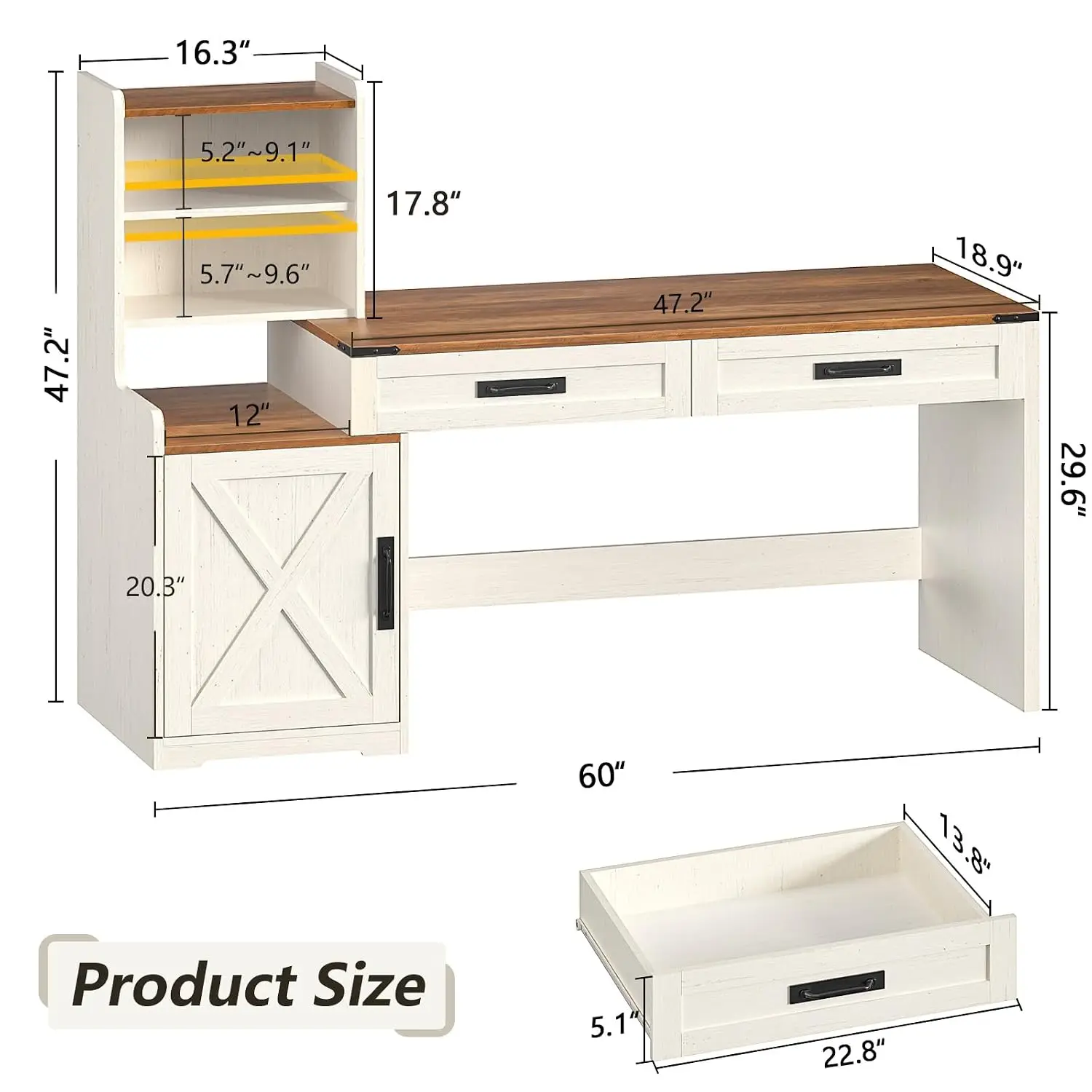 60 Inch White Computer Desk with Bookshelves and Drawers, Antique White Vanity Writing Study Desk with Storage for Home Office
