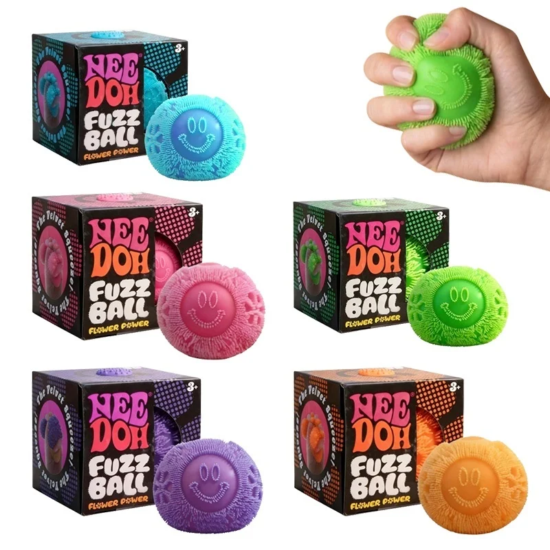 Needoh Fuzz Ball Series Squeeze Tactile Sensory Fidget Toys Multicolored Smiling Face Soft Squishy Anxiety Stress Relief Toy