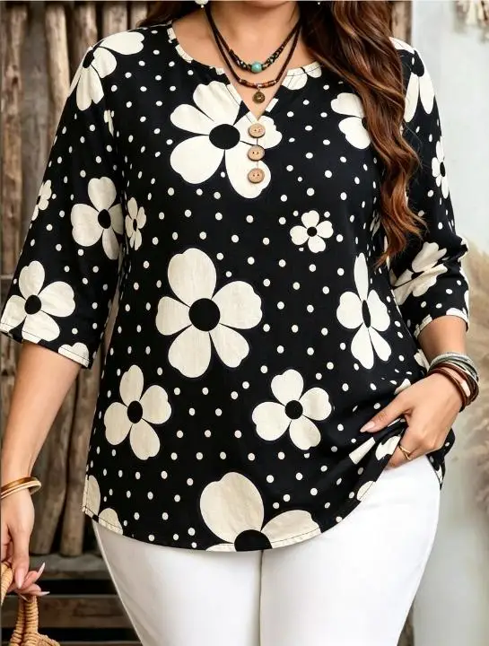 Vintage Large White Floral Polka Dot Printed Blouses Split Notch V Neck Three Wooden Decorative Buttons 3/4 Sleeve Casual Tops