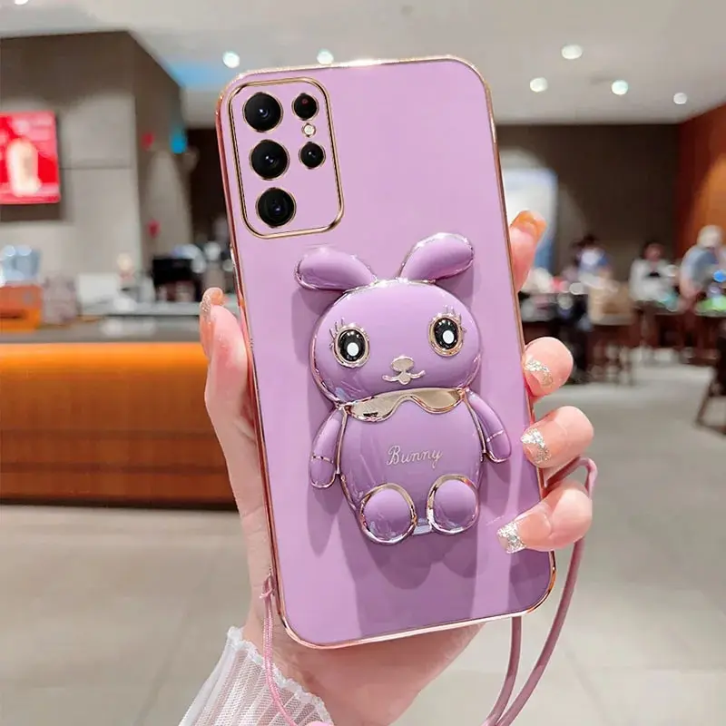 Phone Case For Samsung Galaxy S23 Ultra Luxury Plating Square Rabbit Holder With Landyard Case Cover