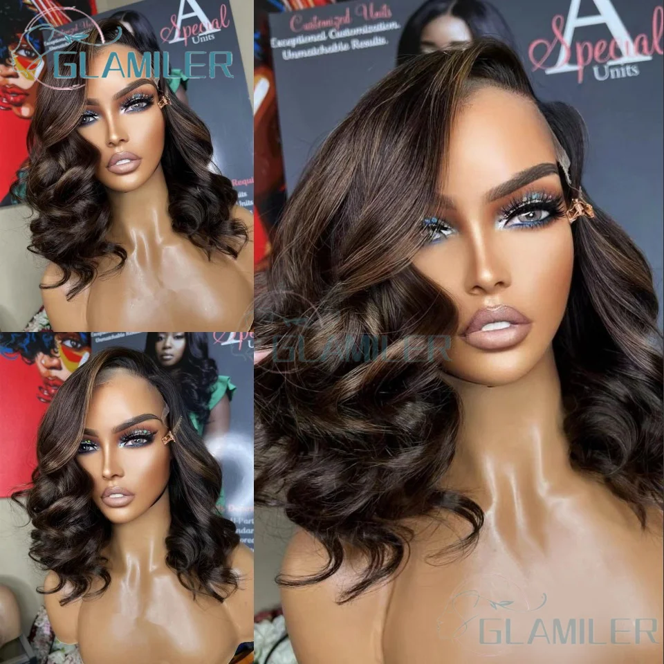 

Brown Highlight Body Wave Lace Front Human Hair Wig Short Bob 13X4 Lace Frontal Human Hair Wigs For Women 5x5 Silk Top Wigs