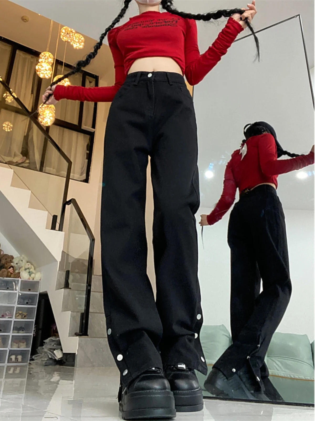 Pantalones vaqueros de mezclilla de pierna recta de cintura alta de talla grande para mujer primavera otoño nuevos pantalones largos adelgazantes de calle americana Sle