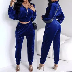 Zipper Velvet Hoodie Sweatshirt Casual Sport Pants Suit Women 2pcs Clothes Set Solid Color