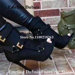 Buckle Gladiator Boots Emeline Dubois Peep Toe Black Green Suede Leather Stiletto Heel Ankle Booties Women Causual High Heels