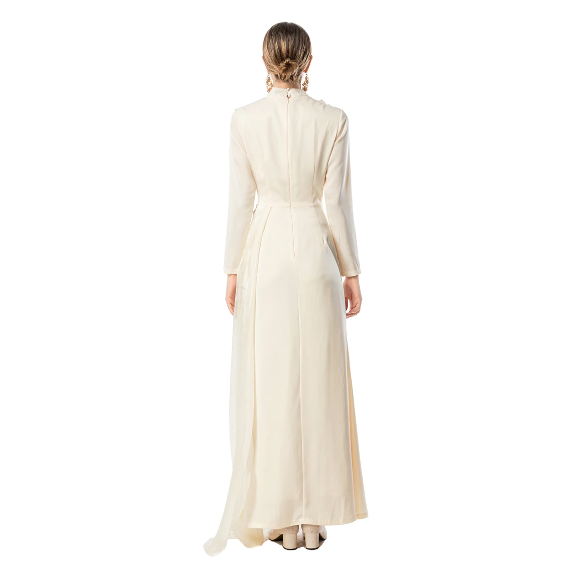 Abito lungo da donna a maniche lunghe blu navy, abito a collo alto impreziosito da fiori con strass e cintura in raso, elegante abito da festa