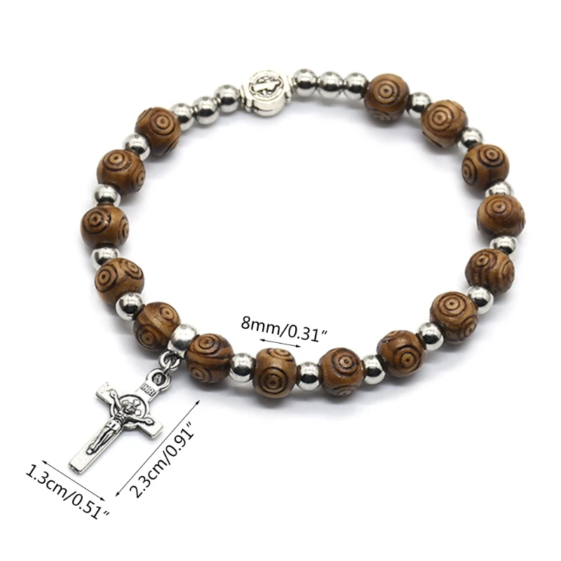 8mm Wood Beads Rosary Bracelet Vintage Jesus Christ Crucifix for Cross Wristband Chain Bracelets Men Unisex Jewelry Charm Gift