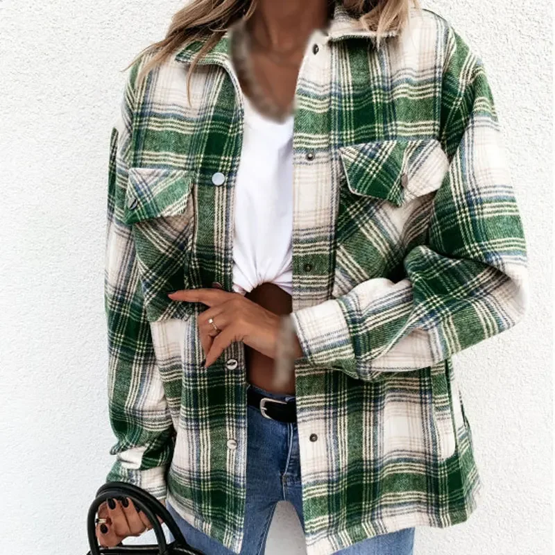 

Plaid Printed Single Breasted Pocket Top New Warm Plaid Clothes Ladies Casual Loose Clothes 2021 Autumn/Winter Long Sleeve Top