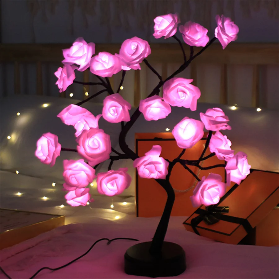 RGB Color Changing Lighted Rose Tree Lamps with Remote Rose Flower Table Lamp 24 LED Lighted for Valentine's Day Wedding Decor