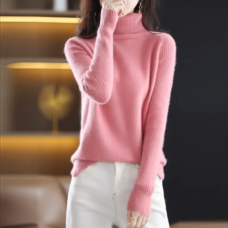 Women\'s Clothing Autumn and Winter New Warm Top 100% Mink Cashmere Female High Neck Pullover Slim Fit Fashion Korean Slim Jacket