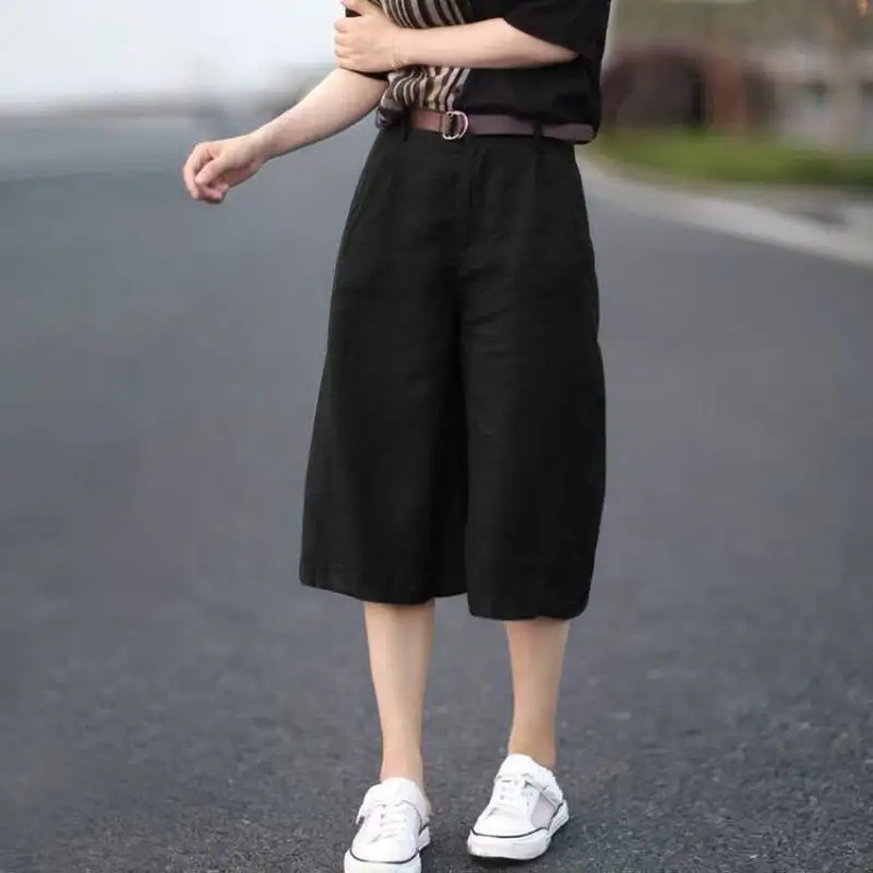 XIZOU Women's High Waist Wide Leg Cotton Linen Blend Five-Quarter Length Trousers Artistic Sle Commute Suitable Casual Pants