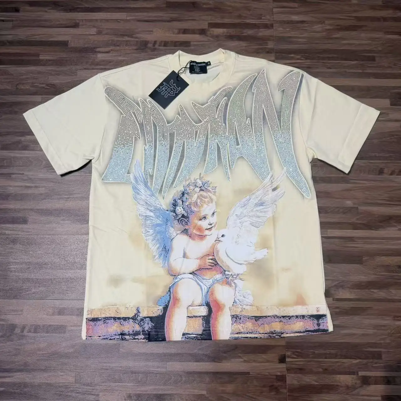 Retro American Angel Print T-Shirt Loose Fit Pure Cotton Short Sleeve Heat Set Diamond Trendy Brand Summer Heavyweight Unisex...