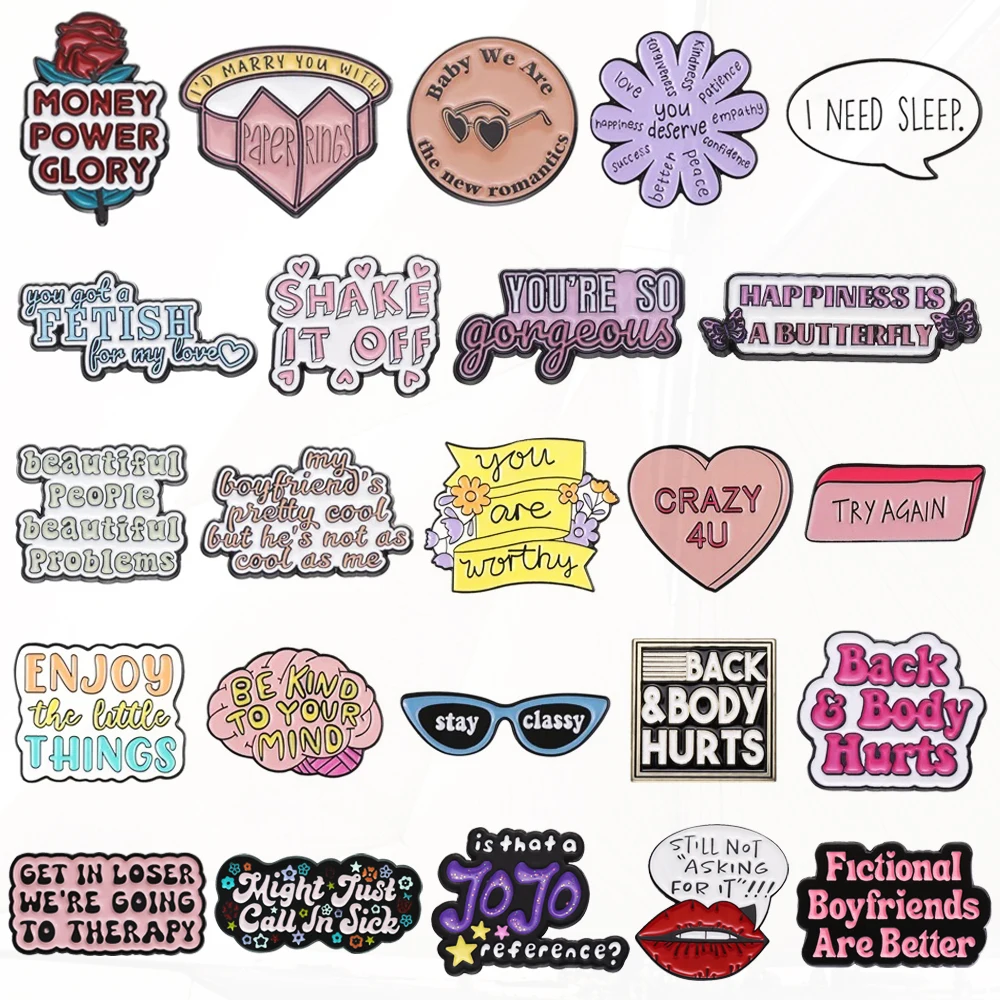 Pin Power Rose CD Glasses Shake Crazy Enjoy Thanks Need Sleep Try Again Badge Lapel Pins Jewelry Trendy Letter Collects Enamel