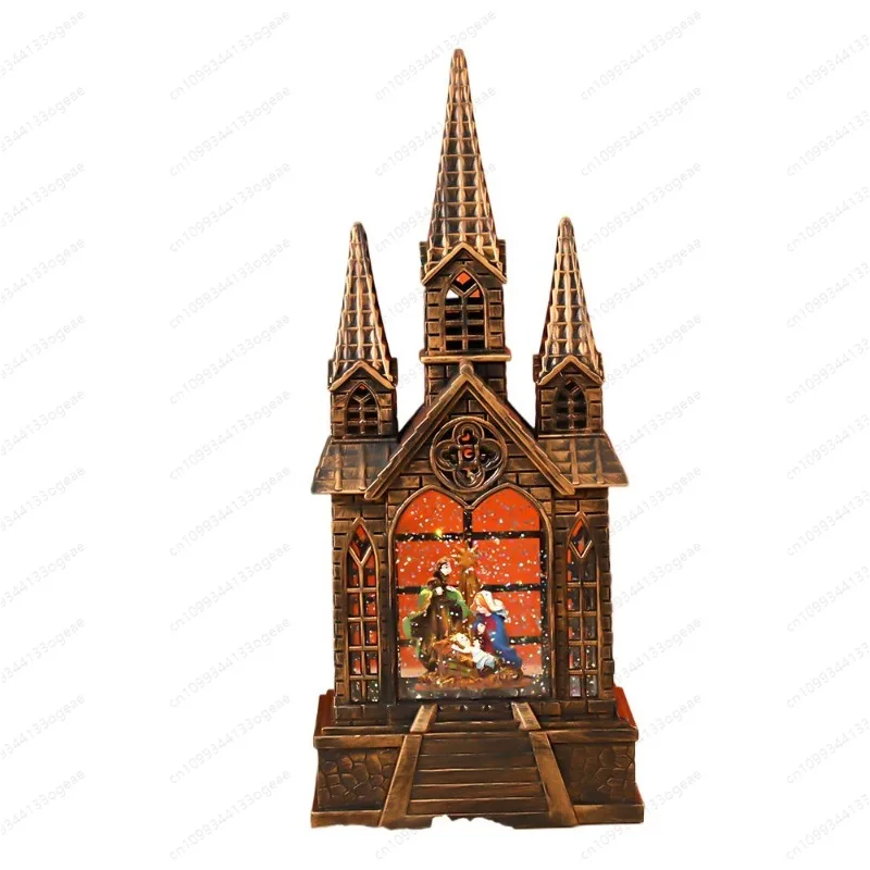 Antique Church Music Box with LED, Acrylic 3-Spire Decor for Christmas Home Decorating