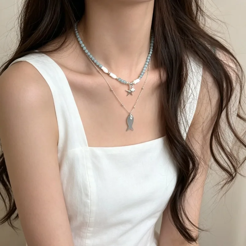 Fish Starfish Necklace Beach Vacation Unique Premium Design Lightweight Shell Pendant Choker for Women Summer Daily Party Use