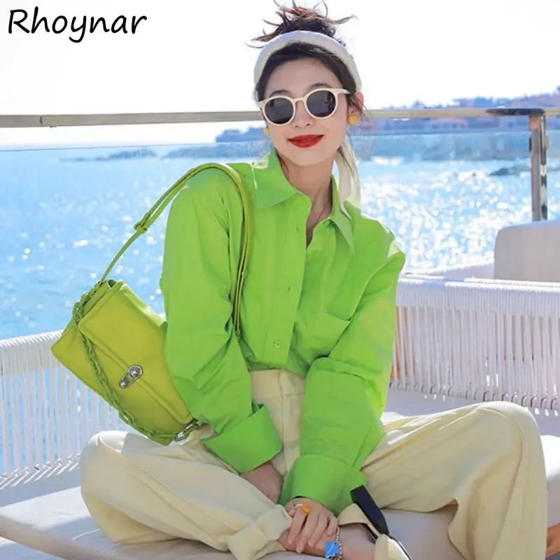 Green Shirts Women Loose Y2k Office Lady Chic Bright New Spring Vintage French Style Elegant Harajuku All-match Temperament 2023