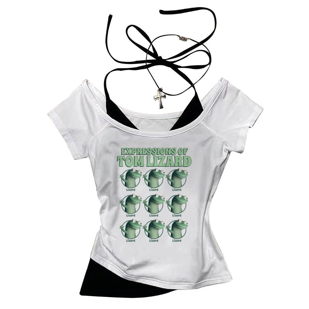 Lizard crop top girl party streetwear summer tshirt scene  streetwear gyaru clearance sales