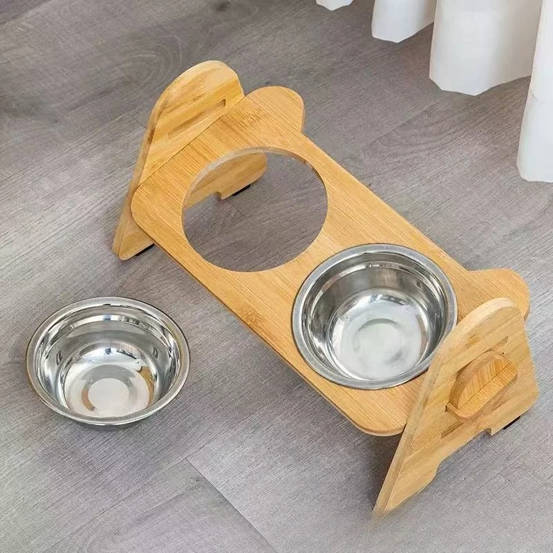 Wood Adjustable Height Pet Feeding Aid Bamboo Wood Household Cat and Dog Food Rack