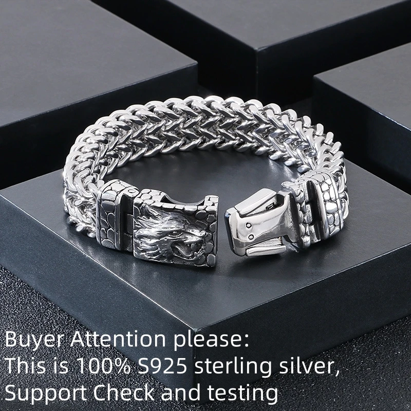 Retro personality animal hand decoration S925 Sterling Silver punk classic Wolf head texture square Braided bracelet Jewelry