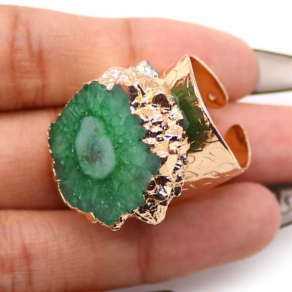 Colorful Irregular Natural Stone Druzy Agate Slices Open Rings Gold-plated Resizable Finger Ring Jewelry for Women Men Gifts