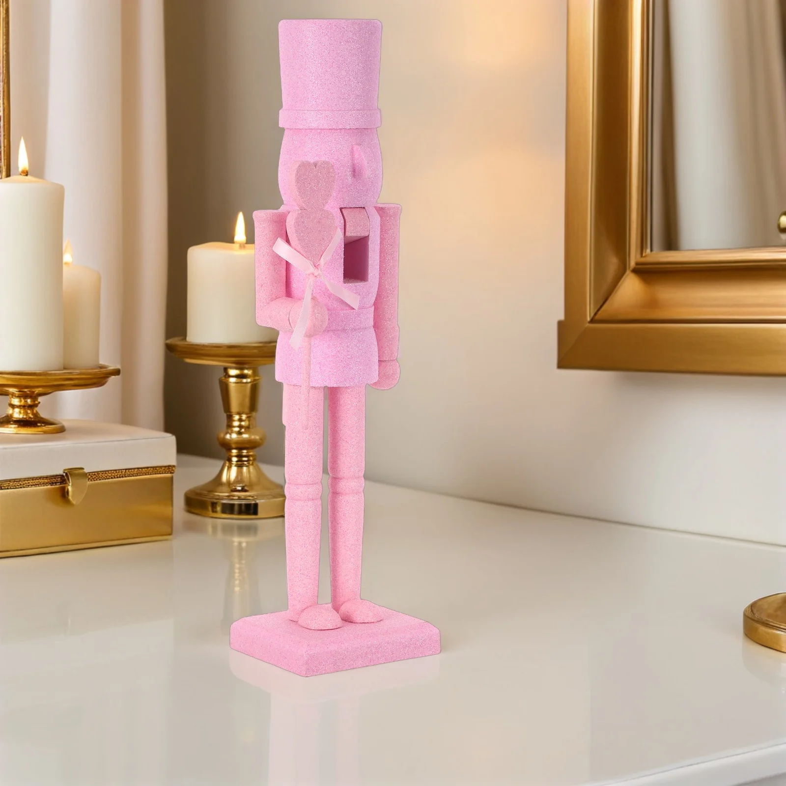 

Wooden Nutcracker Valentine's Day Glitter Soldier Figure Holiday Decor Romantic Nutcracker Tabletop Display Seasonal Ornament