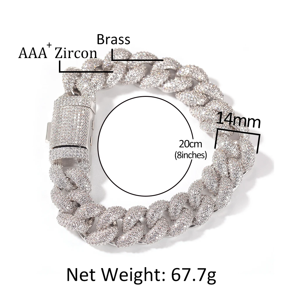 UWIN Iced Out 14mm Full CZ Cuban Chain Bracelet AAA Cubic Zirconia Link Chain Bracelets Hip Hop Jewelry for Father's Day