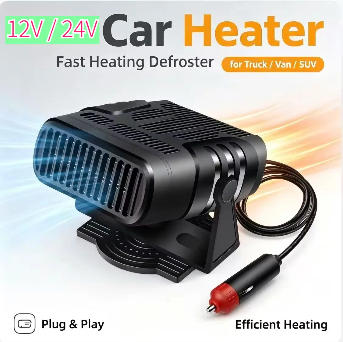 24V 200W Portable Car Heater Fast Heating Windshield Defroster Demister 360° Rotatable Heating Fan for Truck Van SUV
