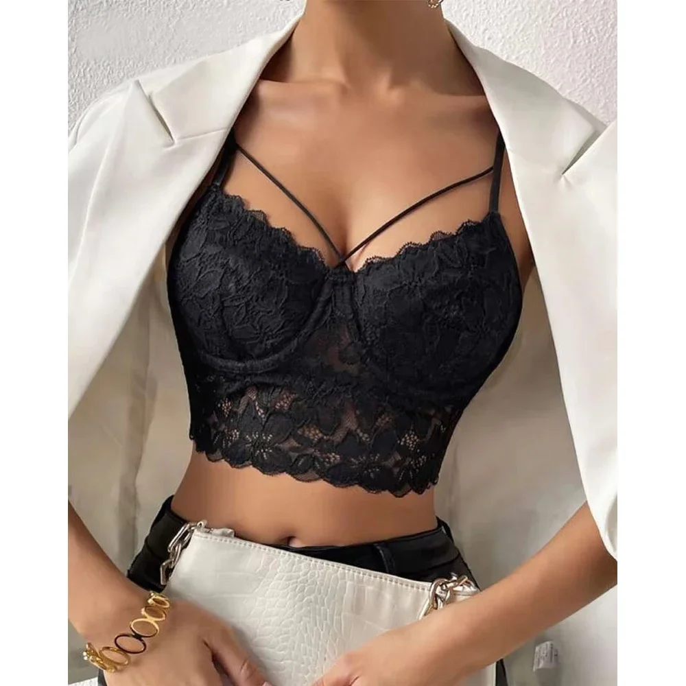 

Sexy Lace Embroidery Hollow Out Crop Top Slim Halter Lnner Tank Top Mesh See Through Vest Fashion VNeck Corset Valentines Gift