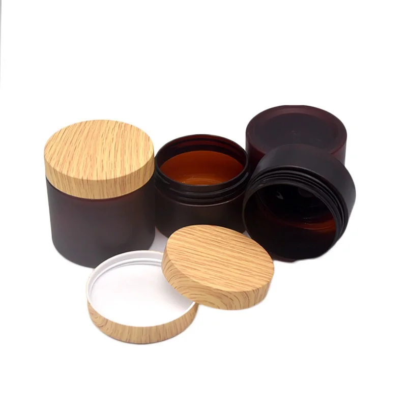 22Pcs Frost Brown Cream Jar Wide Mouth Bottle False Wood Lid 100ml 120ml 150ml 200ml 250g Empty Cosmetic Pots Plastic Containers