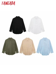 Tangada 2023 Women Solid Linen Oversized Shirt Long Sleeve Female Loose Blouse Tops 3H50