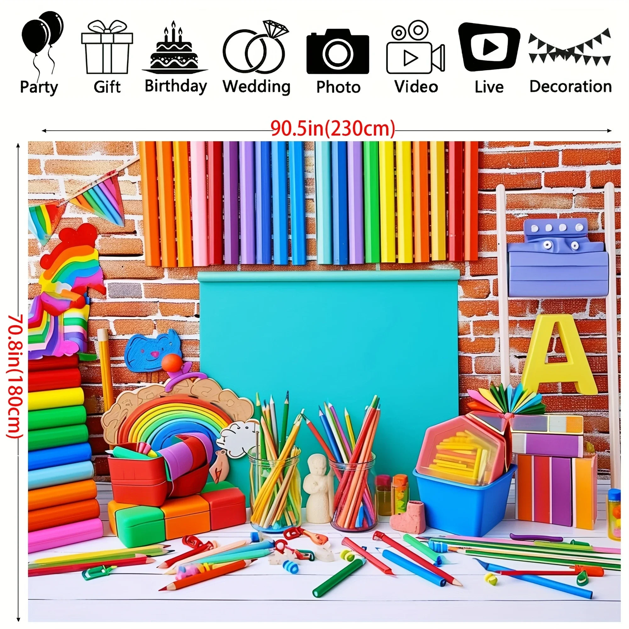 Red brick walls, colored letter classrooms, books, pencils, photo studios, background videos, party decorations