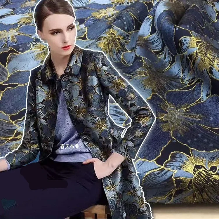 Gold Silk Blue Large Flower Jacquard Yarn Dyed Fabric Women's Suit Handbag Dress Fabric 100cmx160cm