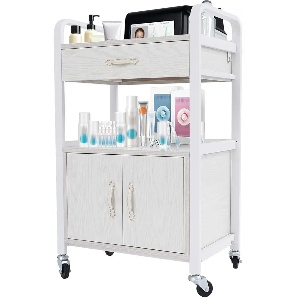

2-Tier Wooden Trolley Cart with Wheels, Mobile Utility Cabinet for Lab, Esthetician and Barber Shops, White