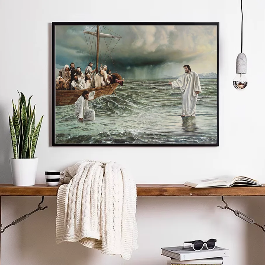Jesus Walking On Water Canvas Print Wall Art Religious Bible Disciples Boat Stormy Sea Christian Living Room Decor