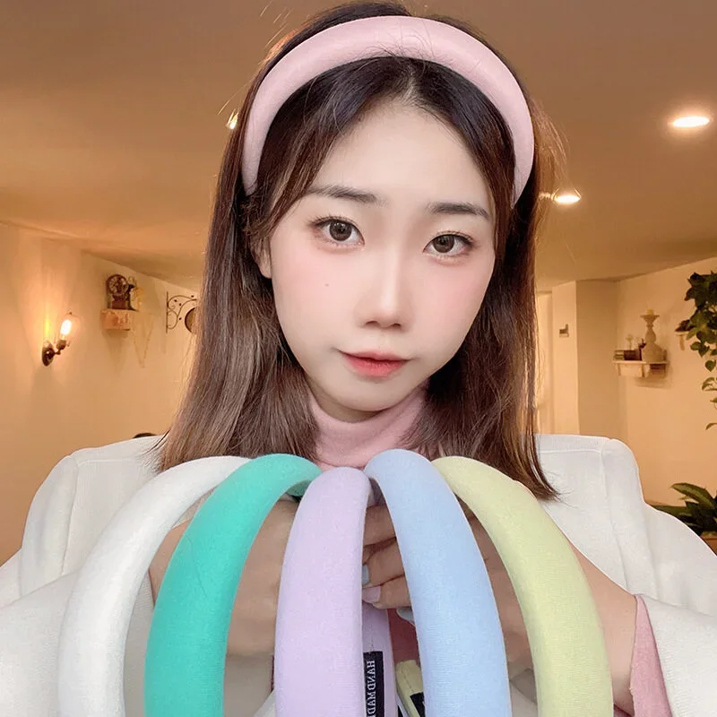 عصابة رأس إسفنجية واسعة الحواف بلون معكرون للنساء، عصابة رأس بسيطة لغسل الوجه للفتيات