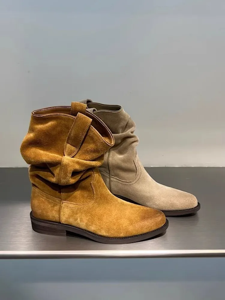 Genuine Cow Suede Pointed Toe Low Heel Women Boots Sheepskin Lining High Top Shoes New Fashion Autumn Slip-On Mid-Calf Footwear
