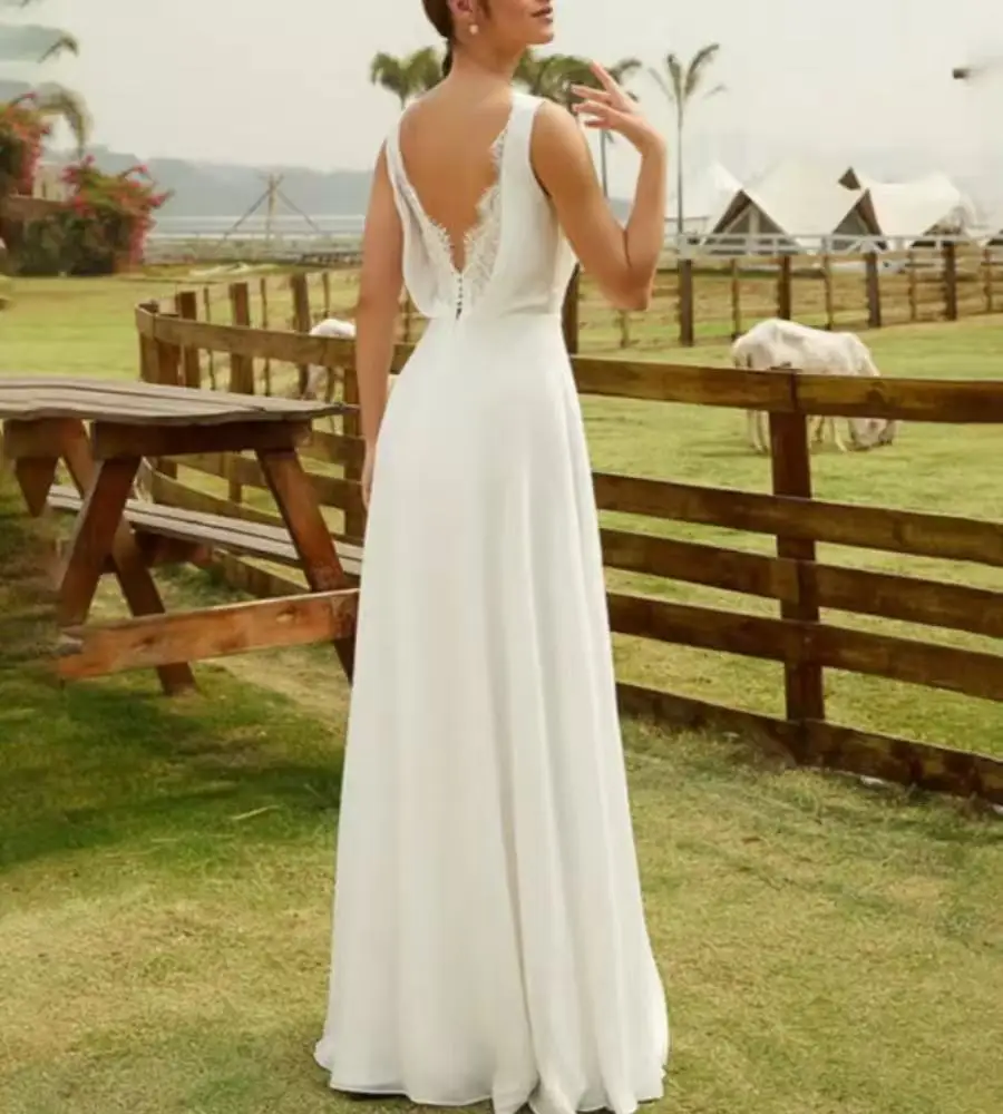 カスタムAライン花嫁ドレス、レースの背中開きブライダルサマーシフォンウェディングドレス、シンプルなガウン、ベスティドス・デ・ノビア