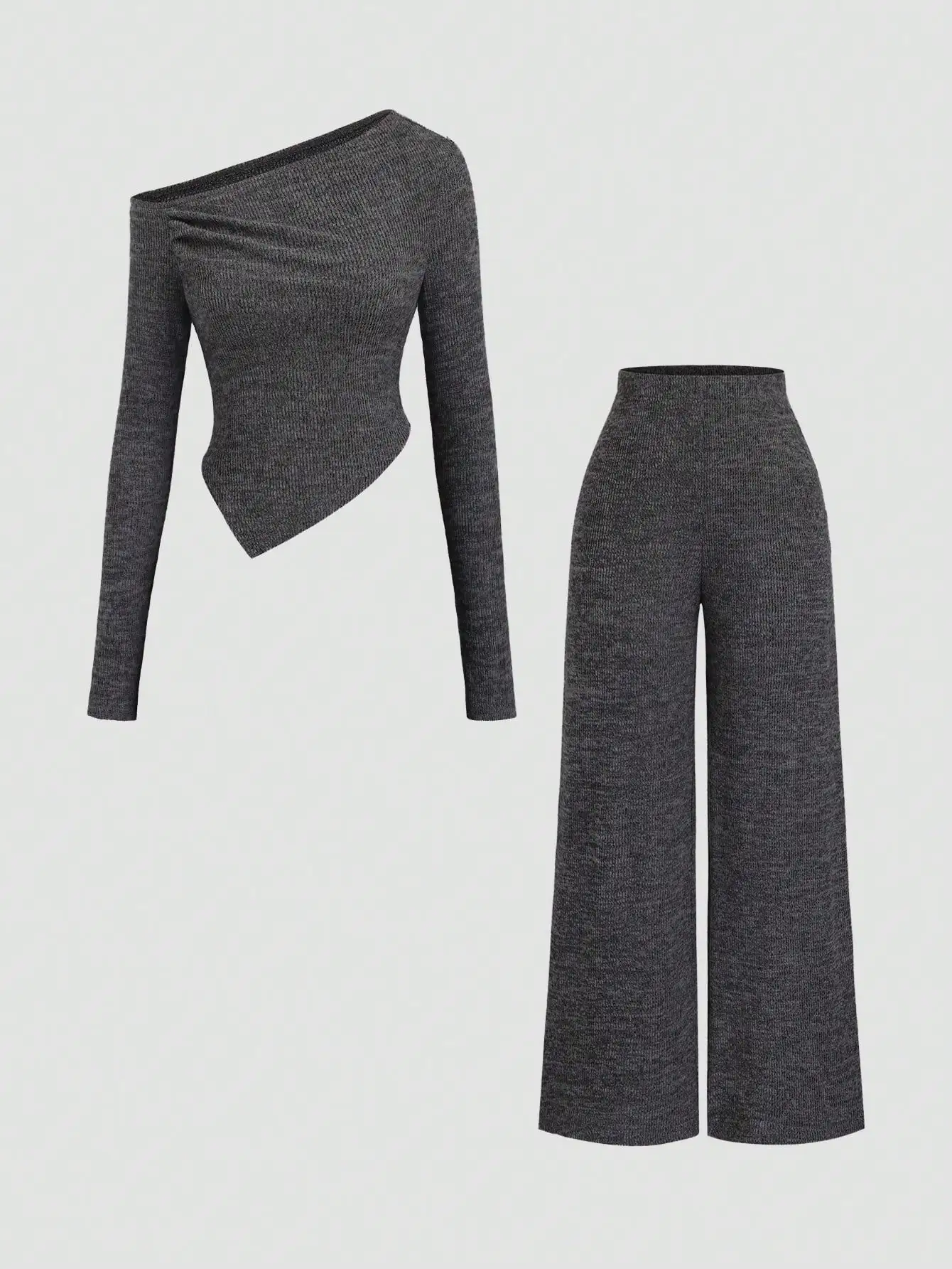 

Уютный и элегантный комплект из пушистой асимметричной футболки и широких брюк для миниатюрных, повседневный зимний наряд для невысоких.